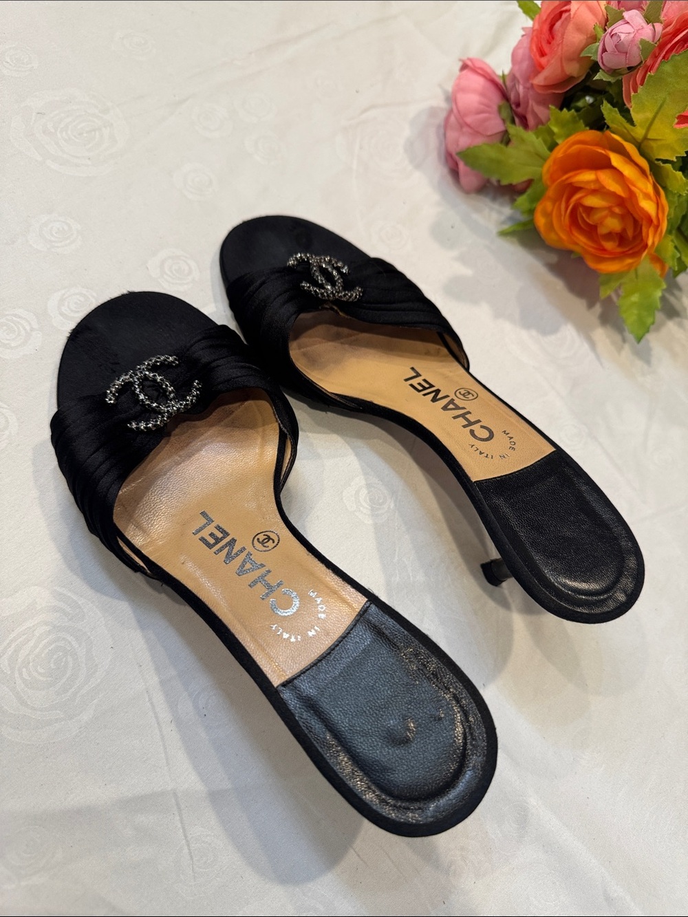 Authentic CHANEL Black Satin Crystal CC Logo Mule Heels - Picture 3 of 9
